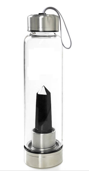 Sklenená fľaša na vodu s kryštálom Obsidián